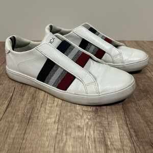 Women’s Nautica White Slip-On Sneakers with Red and Navy Stripes
